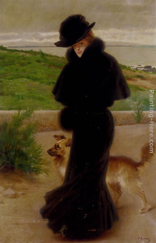 Vittorio Matteo Corcos An Elegant Lady with her Faithful Companion by the Beach